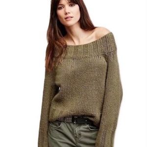 Free People We The Free Olive Green Oversized Off the Shoulder Cable Knit Crop S